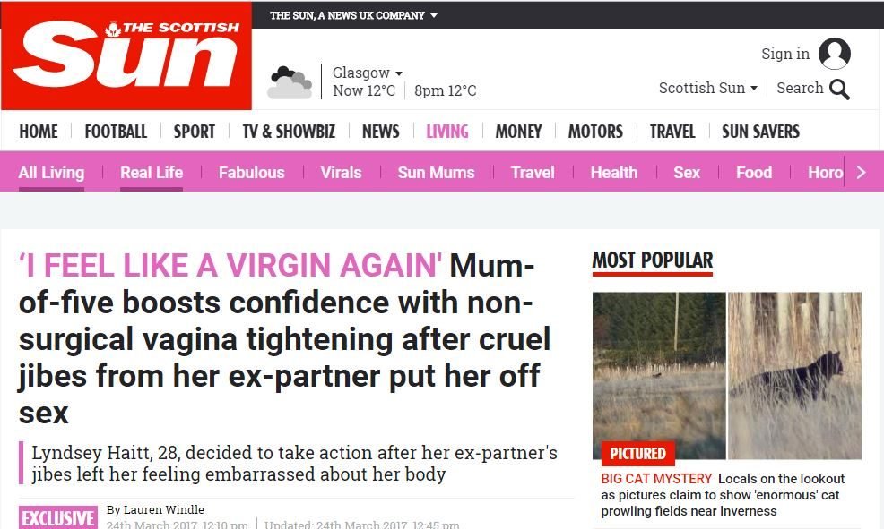The Scottish Sun: Mum-of-five boosts confidence with non-surgical vagina tightening after cruel jibes from her ex-partner put her off sex